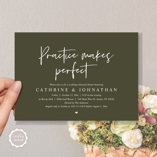 Invitation Pratique rend parfait, Dîner de répétition Mariage (Practice Makes Perfect, Wedding Rehearsal Dinner Invitation Card, PDF, Modern Casual, Olive Green)