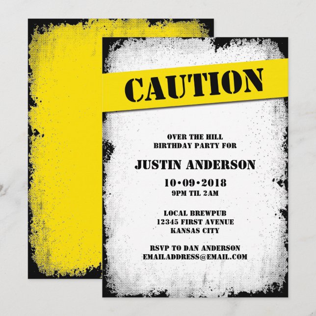 Invitation PRÉCAUTION au-dessus de l'anniversaire de colline (Devant / Derrière)