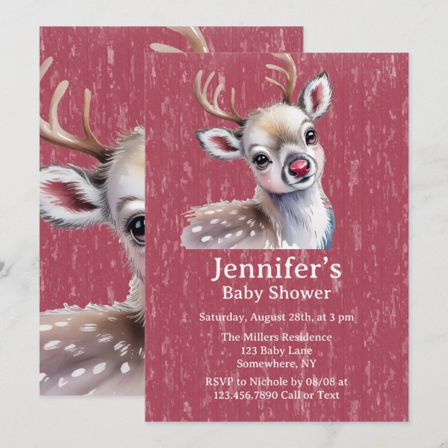 Invitation Precious White Reindeer Red Shiny Nose Baby Shower (Devant / Derrière)