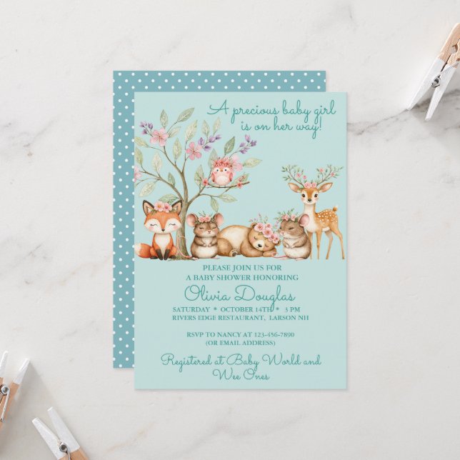 Invitation Precious Woodland Animals Baby Shower (Devant/Arrière en situation)