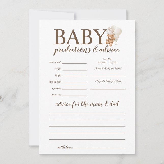 Invitation Prédictions et conseils pour bébé Teddy Bear Jeu (Devant)