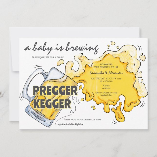 Invitation Pregger Kegger Aquarelle Bière Baby shower Co-ED (Devant)