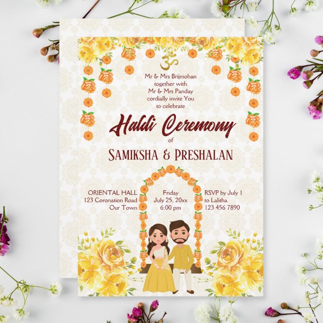 Invitation Prémariage mi-indien mignon couple hindou jaune (Créateur téléchargé)
