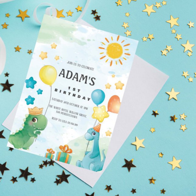 Invitation Premier 1er anniversaire aquarelle Dinosaures Thèm (Créateur téléchargé)