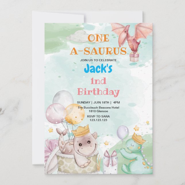 Invitation Premier 1er anniversaire Cadeau et Dinosaur (Devant)