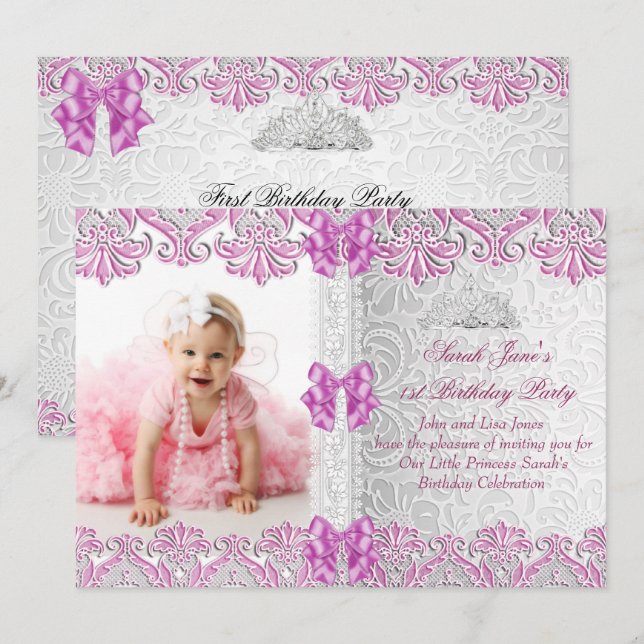 Invitation Premier 1er Anniversaire Filles Lilas Rose Photo (Devant / Derrière)