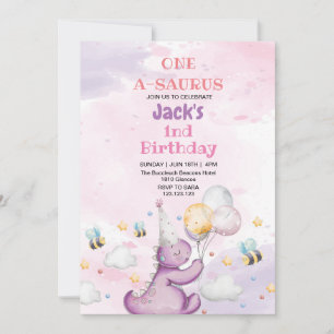Invitation Premier 1er anniversaire mignon Dinosaure pourpre 