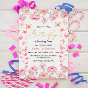 Invitation Premier 1er anniversaire papillon rose et fleur