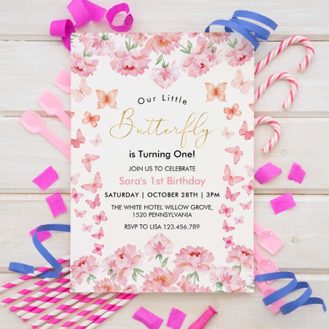 Invitation Premier 1er anniversaire papillon rose et fleur (Créateur téléchargé)