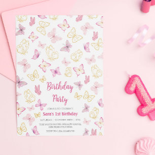 Invitation Premier 1er anniversaire Pink Watercolor Papillon