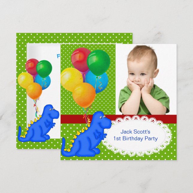 Invitation Premier anniversaire 1er Dinosaur Green Blue Boy (Devant / Derrière)