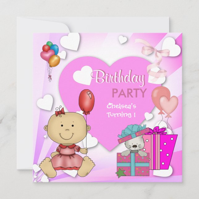 Invitation Premier Anniversaire 1ère fête Coeurs roses mignon (Devant)
