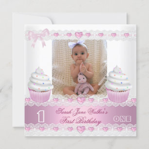 Invitation Premier anniversaire 1ère fille Cupcake blanc rose