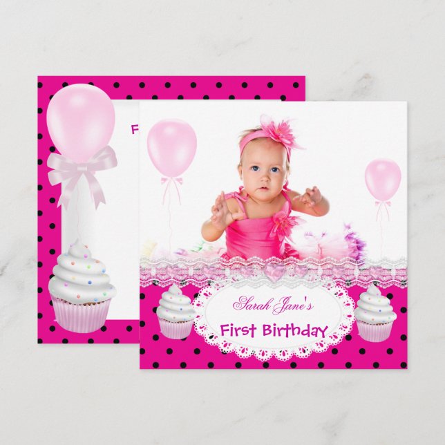 Invitation Premier anniversaire 1ère fille Cupcakes Hot rose  (Devant / Derrière)