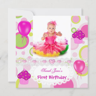 Invitation Premier anniversaire 1ère fille Cupcakes Pink Ball