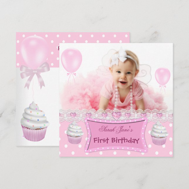 Invitation Premier anniversaire 1ère fille Cupcakes rose bébé (Devant / Derrière)