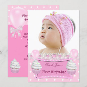 Invitation Premier anniversaire 1ère fille Cupcakes rose bébé