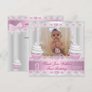Invitation Premier Anniversaire 1ère Fille Gâteau Blanc Rose