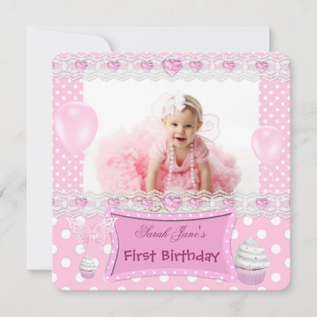 Invitation Premier Anniversaire 1ère Fille Pois de bébé rose (Devant)