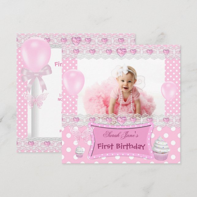 Invitation Premier Anniversaire 1ère Fille Pois de bébé rose (Devant / Derrière)