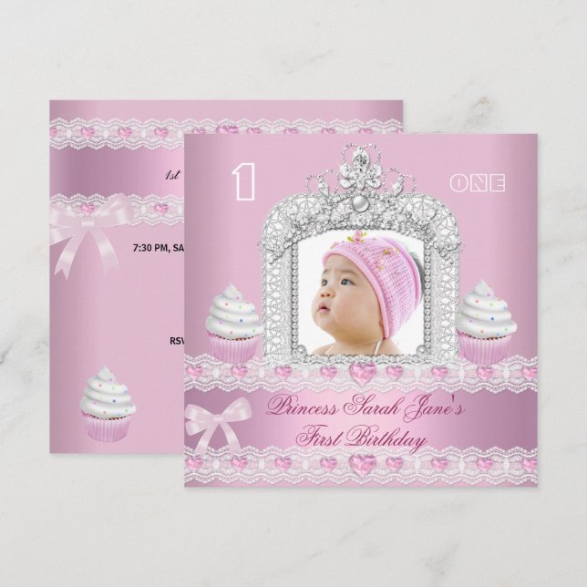 Invitation Premier anniversaire 1ère fille rose princesse Tia (Devant / Derrière)