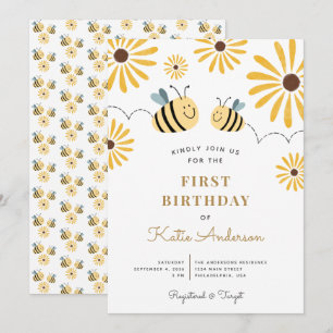 Invitation Premier anniversaire abeille jaune chic et tournes
