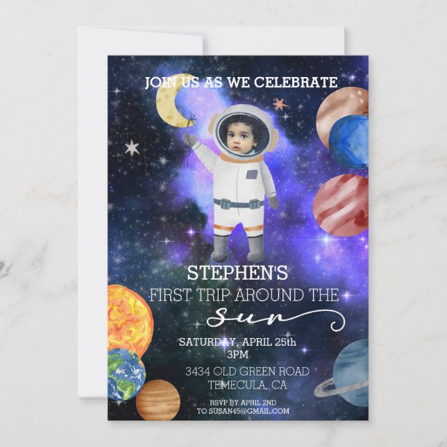 Invitation Premier Anniversaire Astronaut de l'espace Planète (Devant)