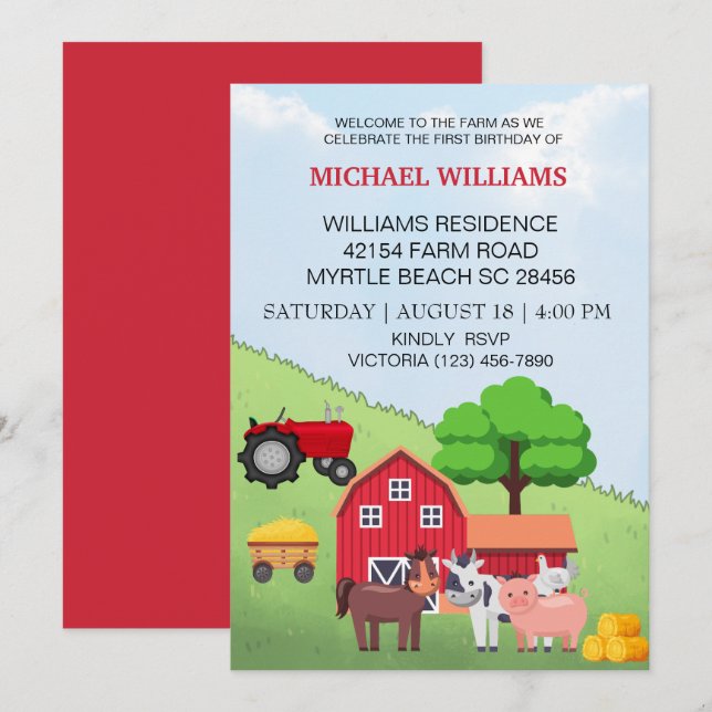 Invitation Premier anniversaire Barnyard Farm Animaux (Devant / Derrière)