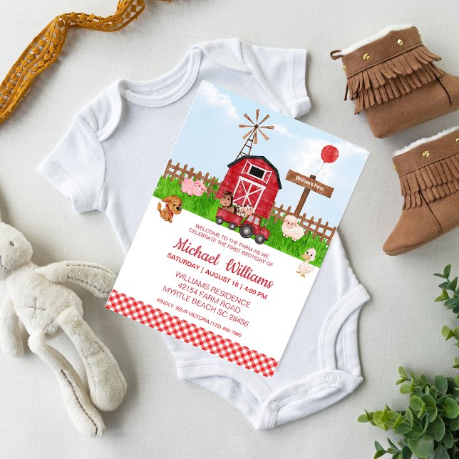 Invitation Premier anniversaire Barnyard Farm Animaux (Cute Farm Theme Birthday)