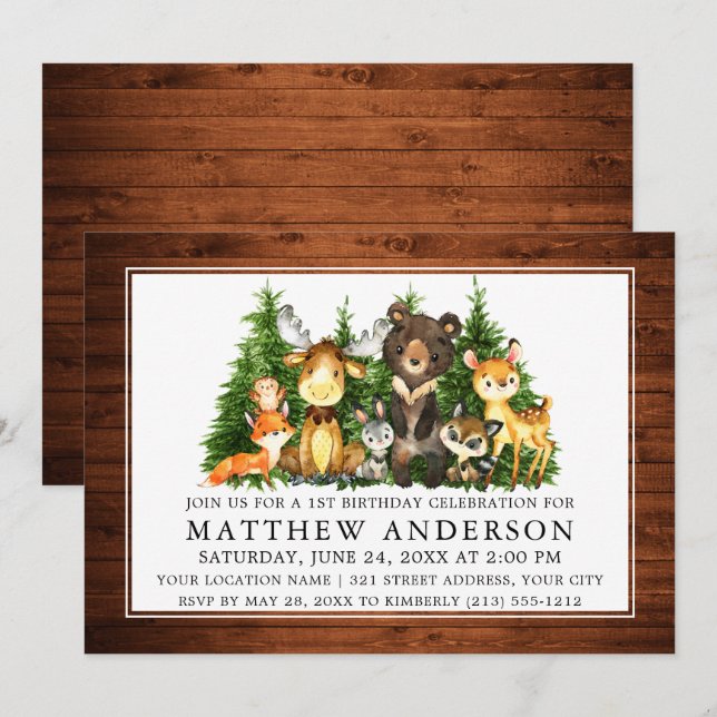 Invitation Premier anniversaire Bois Aquarelle Bois Animaux d (Devant / Derrière)
