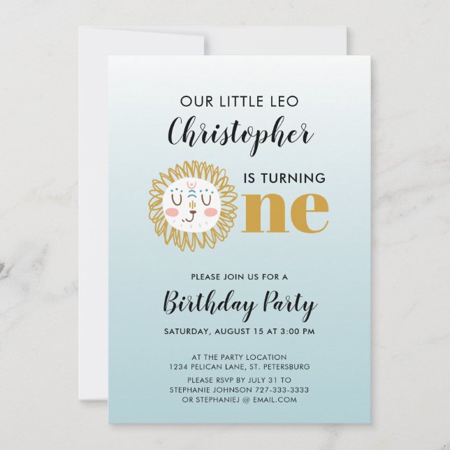 Invitation Premier anniversaire Boy Leo Soleil Signe Lion Par (Devant)