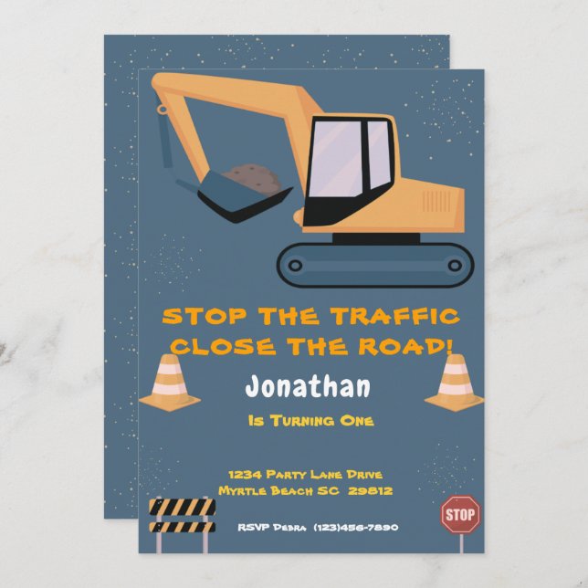 Invitation Premier anniversaire Boys de construction (Devant / Derrière)