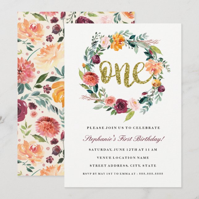 Invitation Premier anniversaire Burgundy Gold Floral Wreath I (Devant / Derrière)