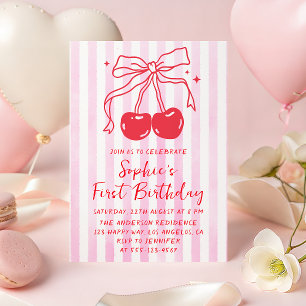 Invitation Premier Anniversaire Cerise Douce Ruban
