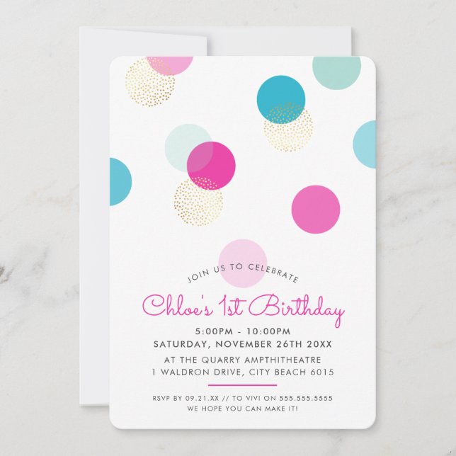 Invitation PREMIER ANNIVERSAIRE confetti taches menthe rose a (Devant)