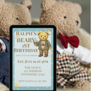Invitation Premier anniversaire de Beary bleu marron Dapper B