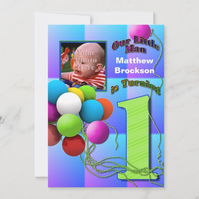 Invitation Premier anniversaire de bébé garçon - Ballons (Devant)