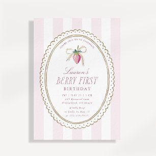 Invitation Premier anniversaire de Berry fraise noeud rose ra