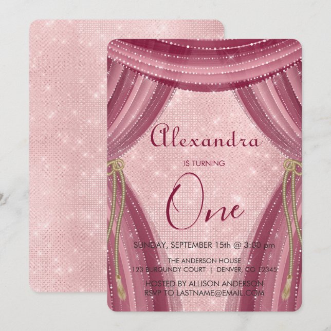 Invitation Premier anniversaire de Blush Pink et Burgundy (Devant / Derrière)