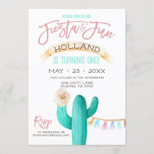 Invitation Premier anniversaire de Cactus Aquarelle Mint Cora