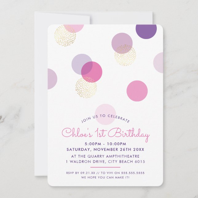 Invitation PREMIER ANNIVERSAIRE de confettis taches d'or rose (Devant)