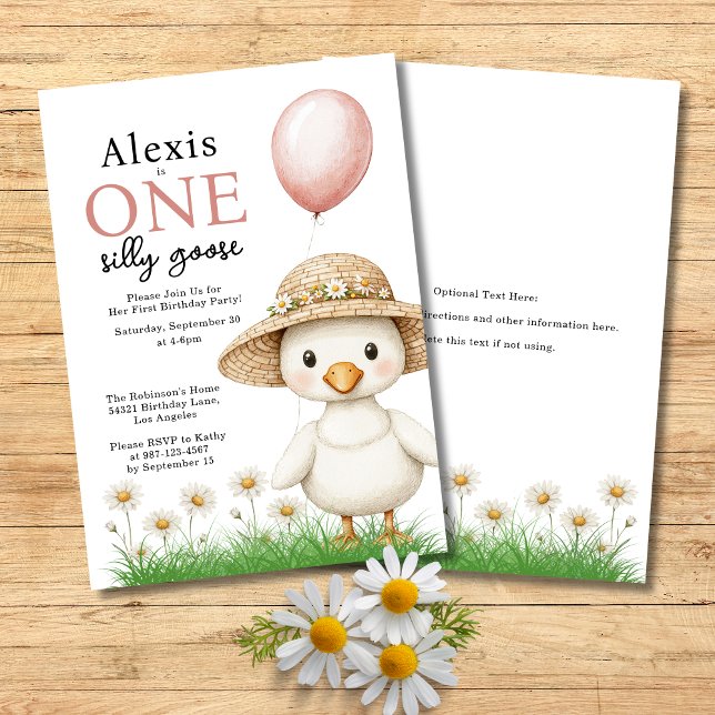Invitation Premier Anniversaire de Fille One Silly Goose  (One Silly Goose Girls First Birthday Party Invitation with Baby Goose, Pink Balloon, Daisies.)