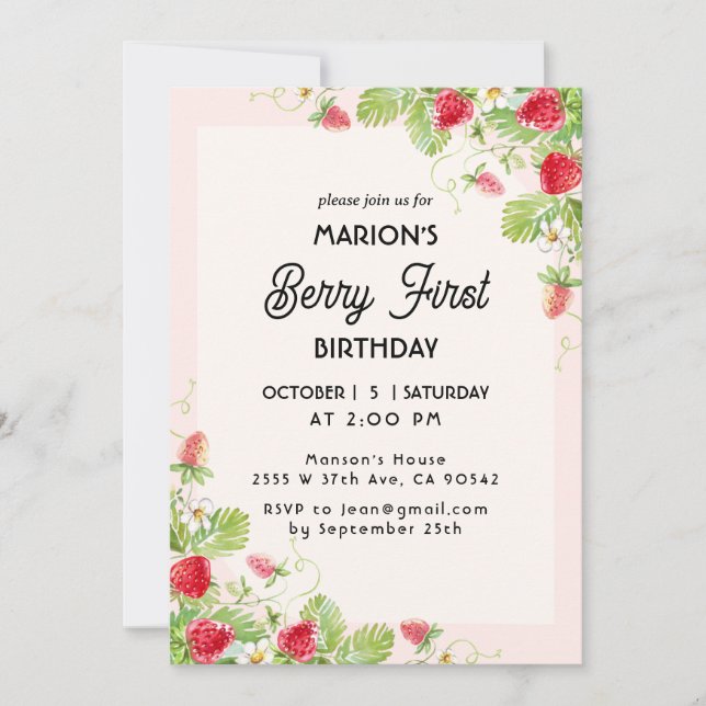 Invitation Premier anniversaire de fraise (Devant)