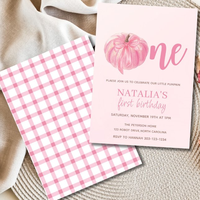 Invitation Premier anniversaire de la Citrouille rose Bow (Little pumpkin girl birthday invitation with pink pumpkin and blush background)