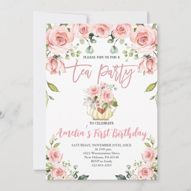 Invitation Premier anniversaire de la fête du thé rose pâle (Devant)