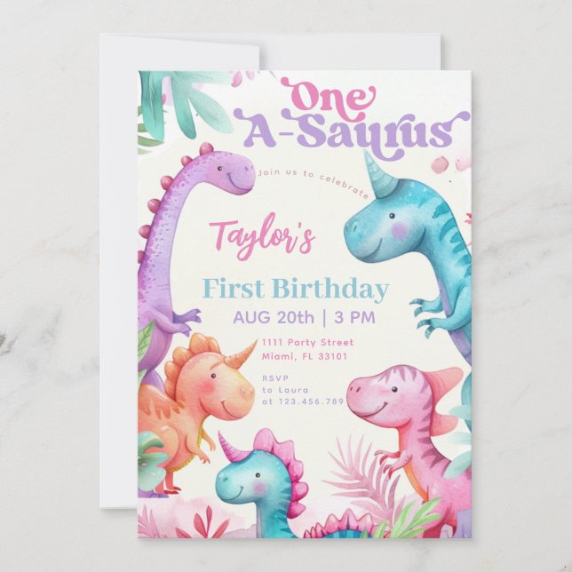 Invitation Premier anniversaire de la fille Dinosaure pourpre (Devant)