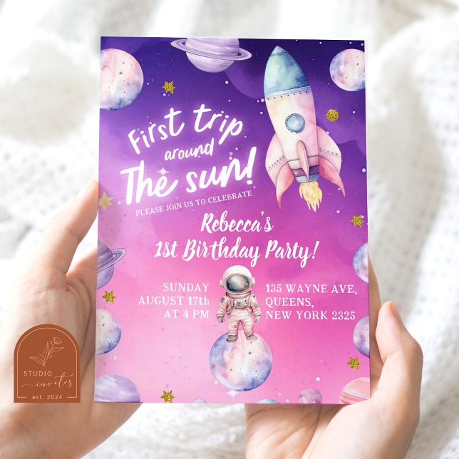 Invitation Premier anniversaire de la fille spatiale Pink Pur (Créateur téléchargé)