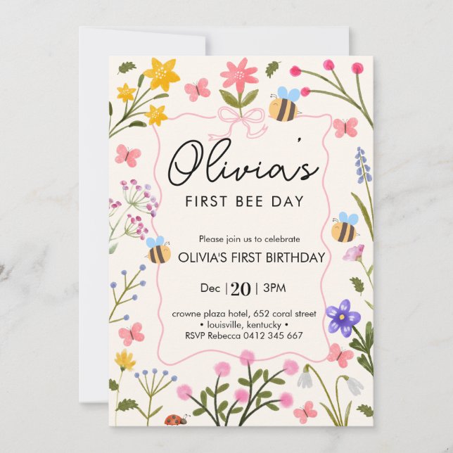 Invitation Premier anniversaire de l'abeille mignonne (Devant)