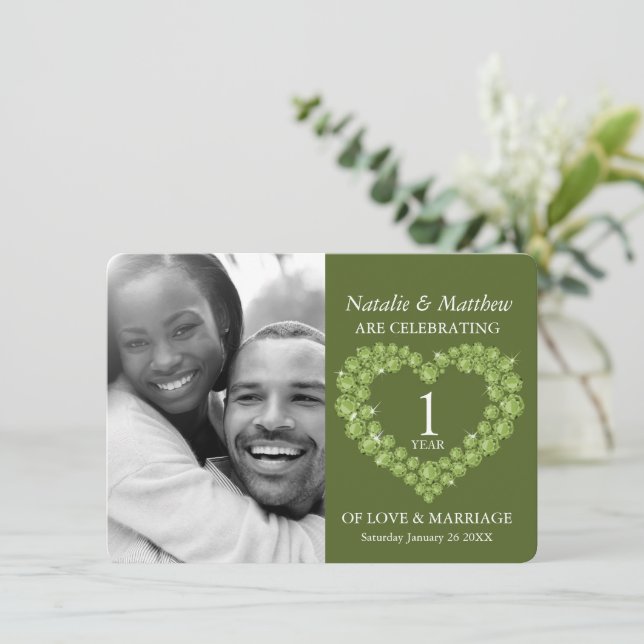 Invitation Premier anniversaire de mariage photo peridot vert (Debout devant)