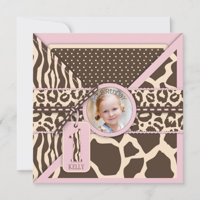 Invitation Premier anniversaire de poster de animal rose de (Devant)